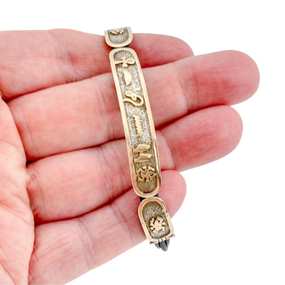 Vintage Gold-Clad Sterling Silver 925 Egyptian Hieroglyph Bar Bracelet 8.25"